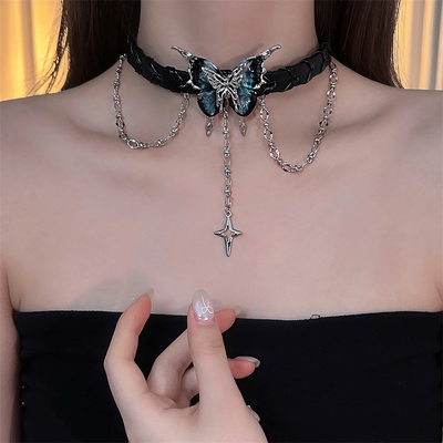 甜酷辣妹黑色蝴蝶流苏项圈女