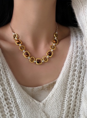 中古vingate奢华琥珀色珍珠项链