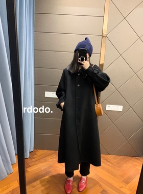 Rdodo自线 金高银同款翻领A摆腰带开扣高支羊绒羊毛长款大衣黑色