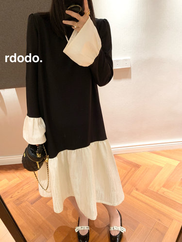 Rdodo自线 千金风新中式不掉色黑拼提花精致斜裁下摆长款连衣裙