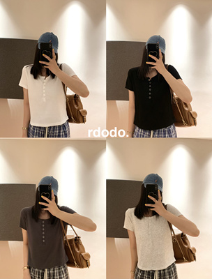 Rdodo自线舒芙蕾前开扣U领短袖版jennie风柔软螺纹棉四色显瘦T恤