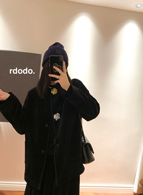 Rdodo浮花生金节日优雅氛围日本丝绒花朵扣棉服大衣+百褶半身裙