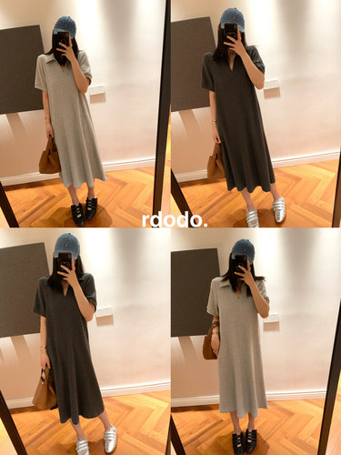 Rdodo自线 row式立体剪裁显瘦polo华夫格全棉懒人休闲长款连衣裙