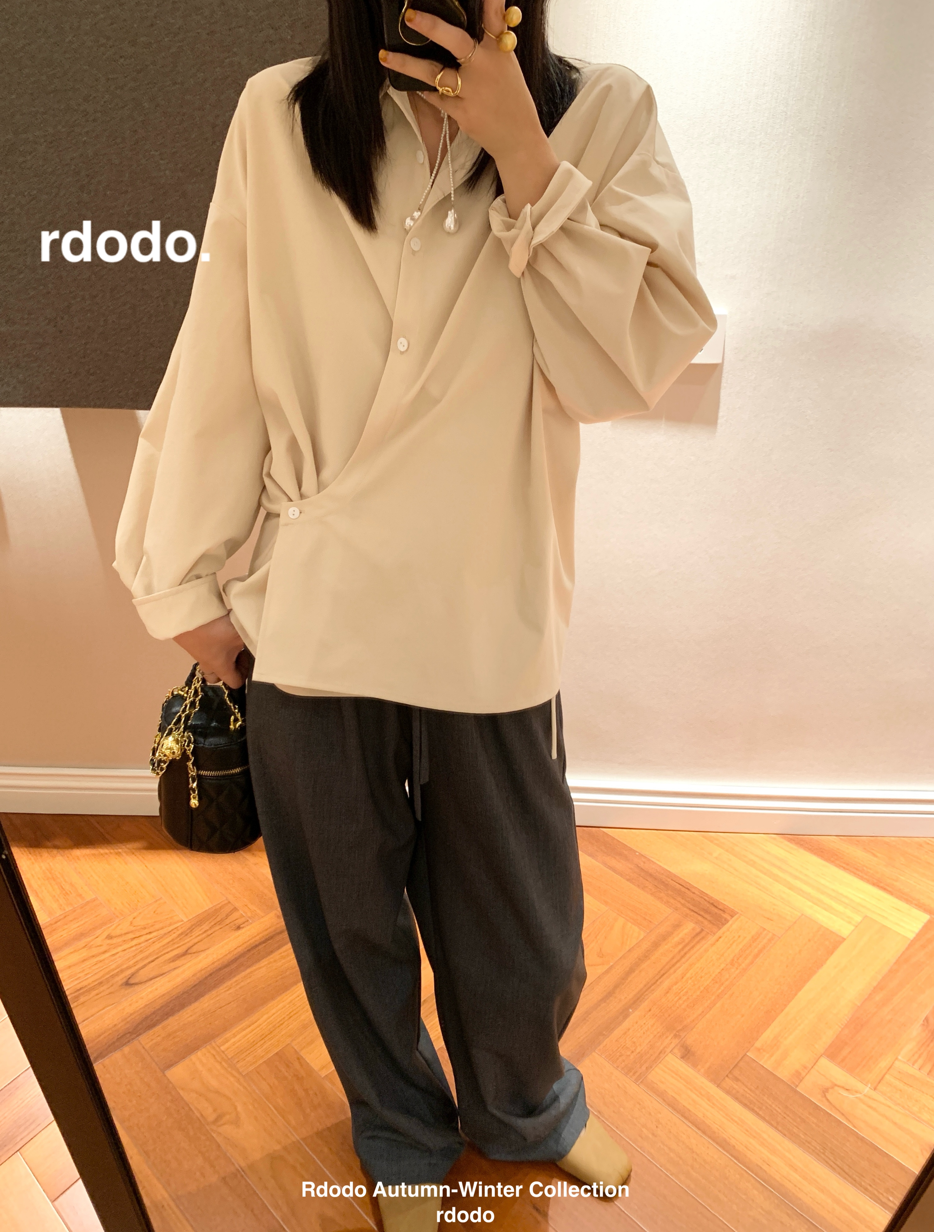 Rdodo自线 时髦通勤lem@ire经典斜扣不对称门襟杏色长袖衬衫上衣
