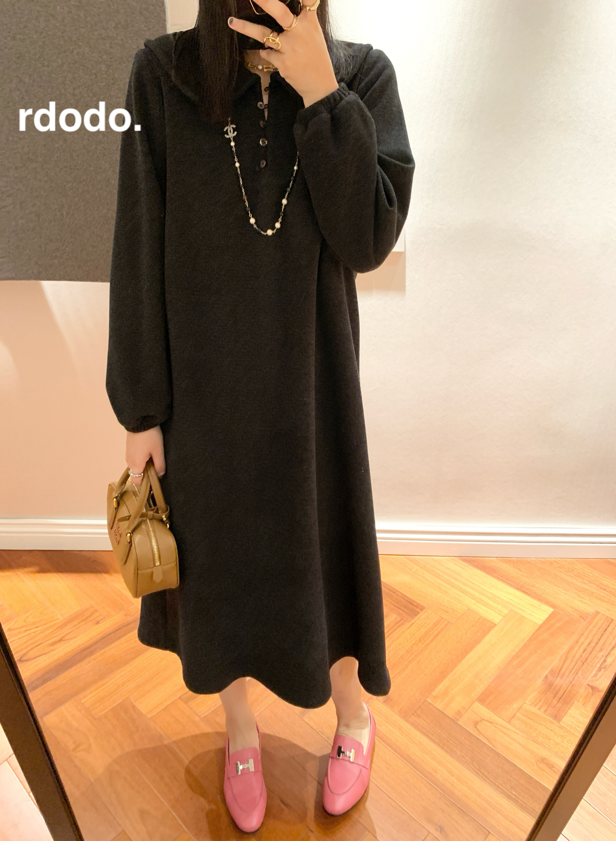 Rdodo自线时髦乖小姐冬日温感不粘毛醋酸羊毛厚款长款长袖连衣裙