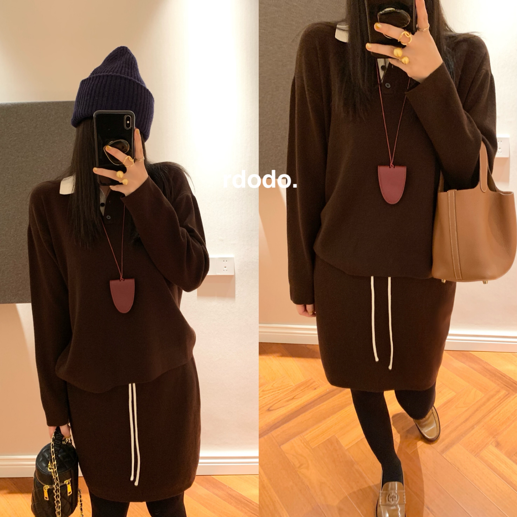 Rdodo自线 miu风时髦知识分子羊毛棕色毛衣+半身裙懒人两件套套装