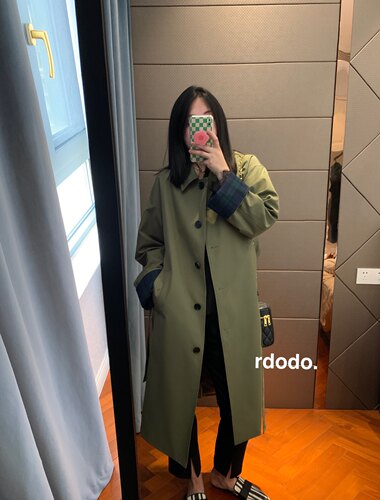 Rdodo自线英式简约博主街拍风高品质挺括型翻卷格子长款系带风衣