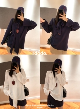 Rdodo自线 伦敦多穿衣领飘带围巾设计师款华夫格全棉T恤上衣卫衣