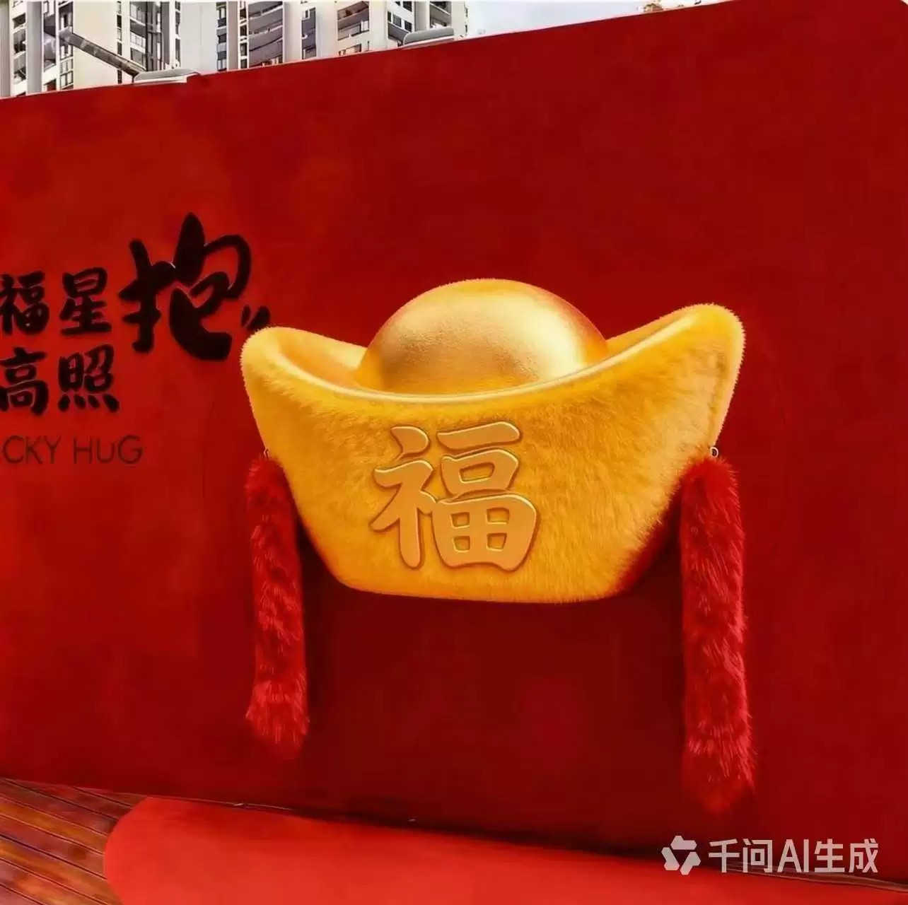毛绒抱抱福字背景墙中秋国庆引流长毛绒福抱手臂钱币拍照打卡墙
