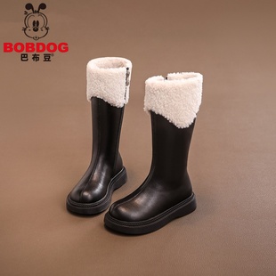 长筒高筒皮靴加绒雪地靴大棉鞋 巴布豆女童儿童长靴子2025新款 冬季
