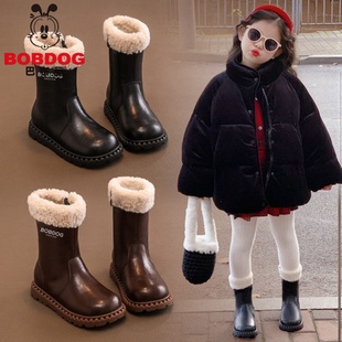 加绒长筒长靴雪地靴冬季 巴布豆女童鞋 儿童马丁短靴子中筒2025新款