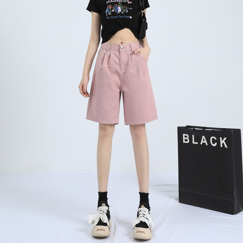 粉色五分牛仔裤女夏季薄款2023新款中裤宽松直筒高腰显瘦5分短裤