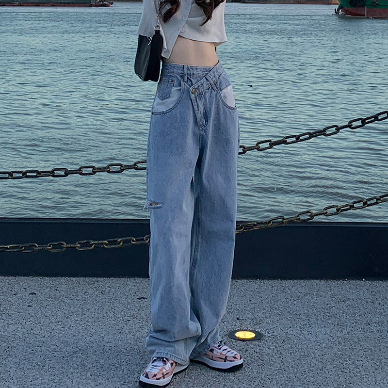 高腰破洞牛仔裤女直筒宽松秋装年新款泫雅显瘦拖地垂感阔腿裤