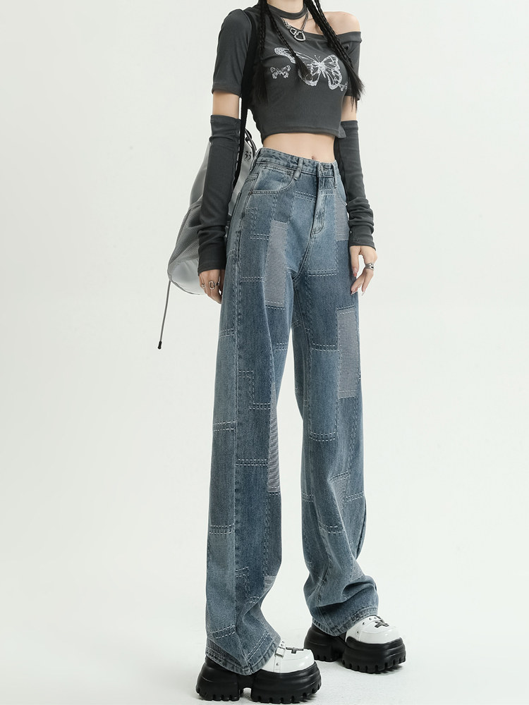 AUTUMN NEW DESIGN NICHE JACQUARD WIDE-LEG JEANS WOMENS LOOSE HIGH-WAISTED BABES STRAIGHT DRAPE MOP PANTS