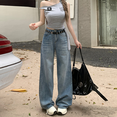 复古折痕做旧阔腿牛仔裤女2025年