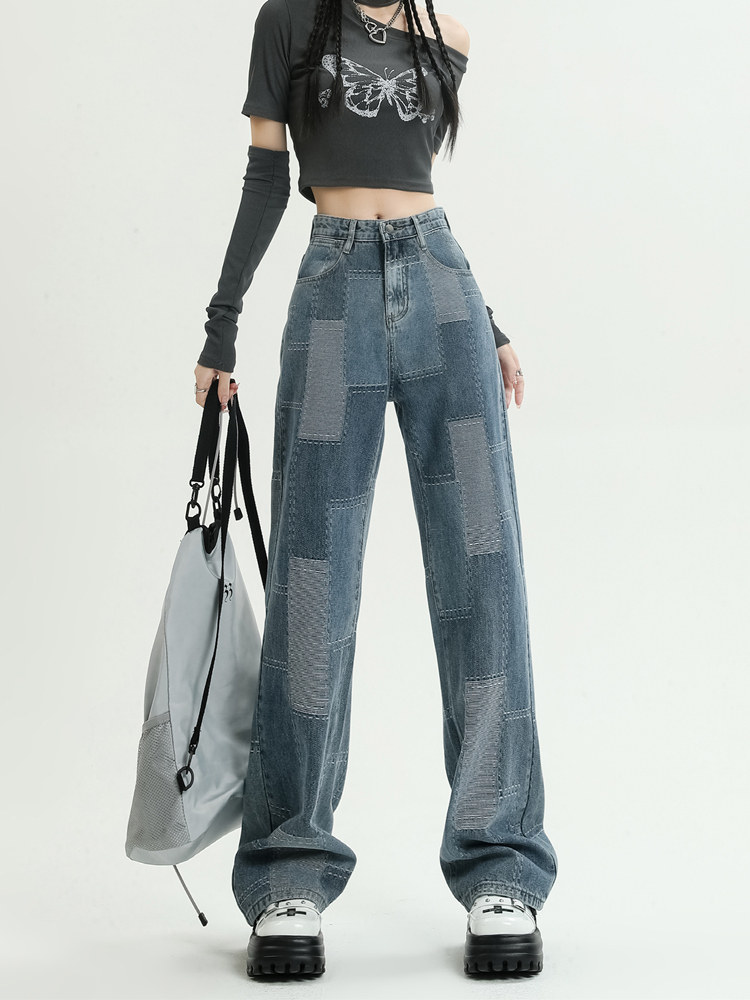 AUTUMN NEW DESIGN NICHE JACQUARD WIDE-LEG JEANS WOMENS LOOSE HIGH-WAISTED BABES STRAIGHT DRAPE MOP PANTS