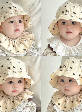 韩国婴儿帽子春秋新款新生儿水果盆帽婴幼儿渔夫帽宝宝口水巾套帽