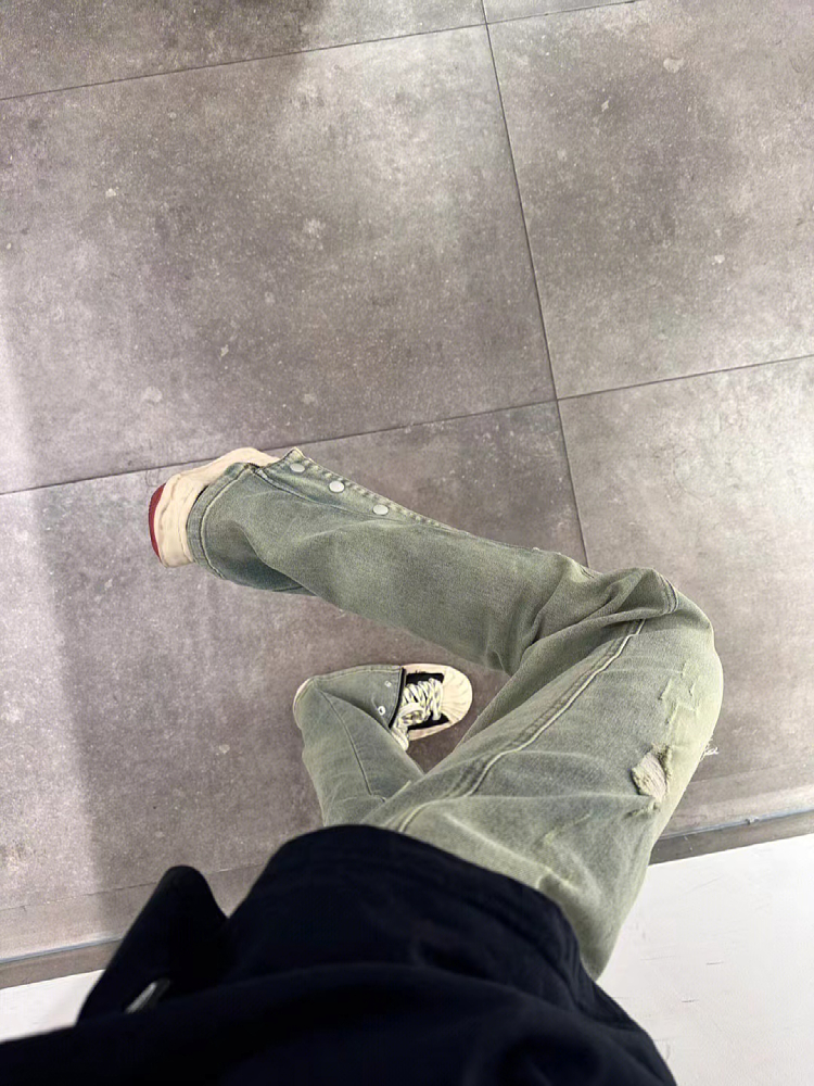 高街黄泥色排扣直筒美式牛仔裤