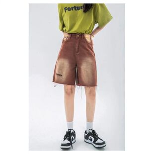 大码 复古渐变高腰直筒牛仔五分裤 显瘦阔腿毛边短裤 美式 女 女装 夏季