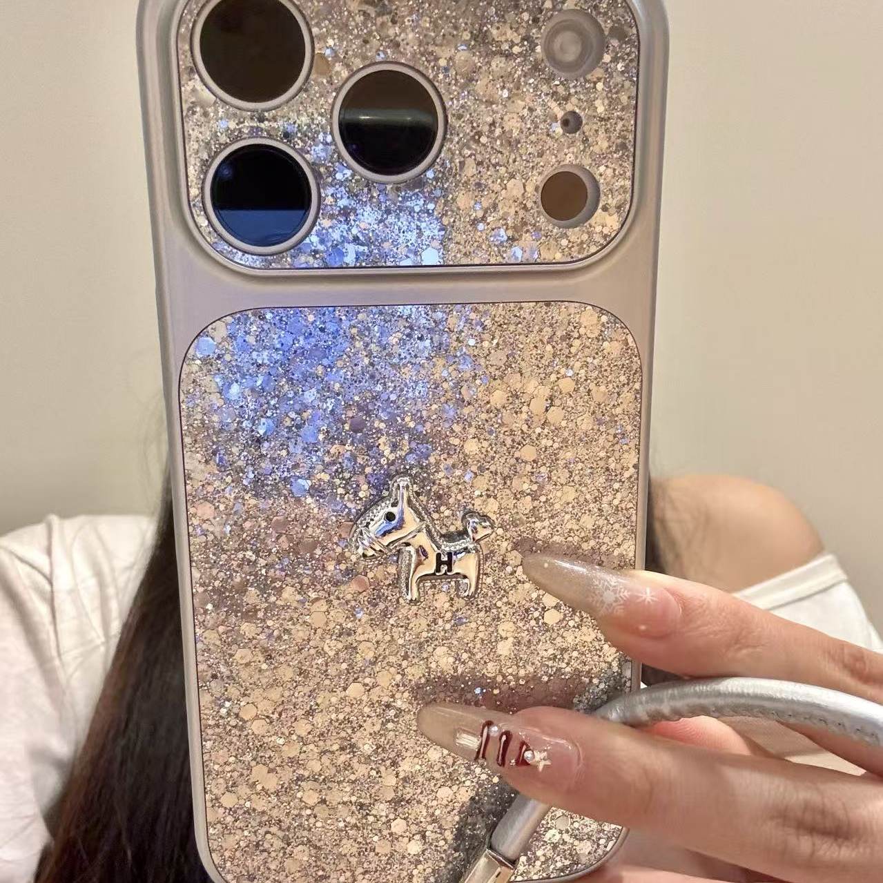 韩系银底闪片立体小马适用于iphone17promax苹果16手机壳15pr新款