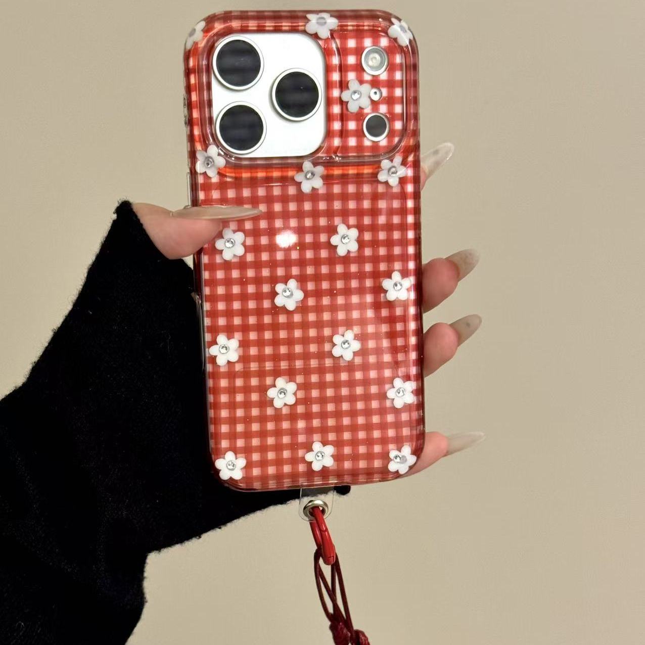 唯美ins透红格纹小白花贴钻diy适用ihone17promax苹果16pro手机壳