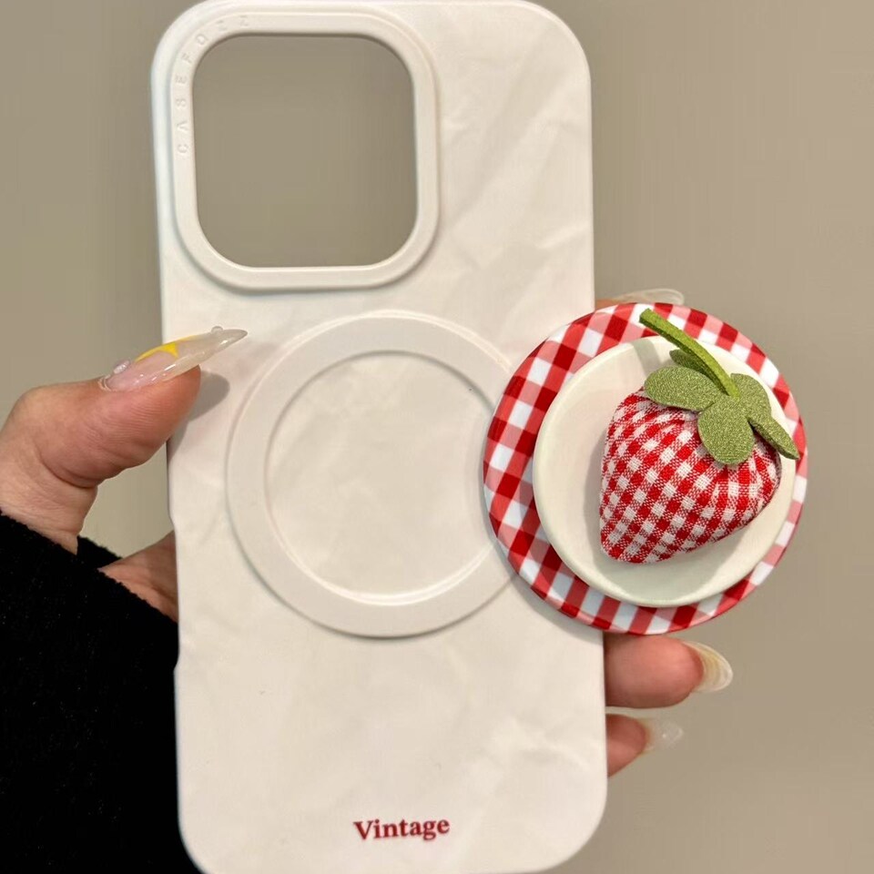 褶皱红格纹草莓磁吸支架适用iphone16proma苹果15pro手机保护壳14