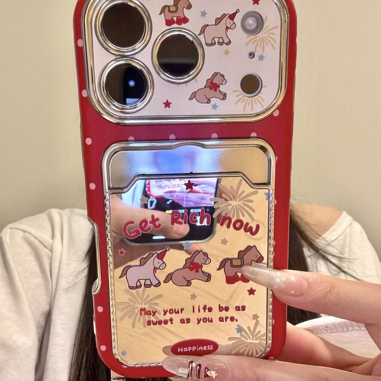 趣味红底波点小马烟花卡包适用于iphone17promax苹果16pr手机壳15