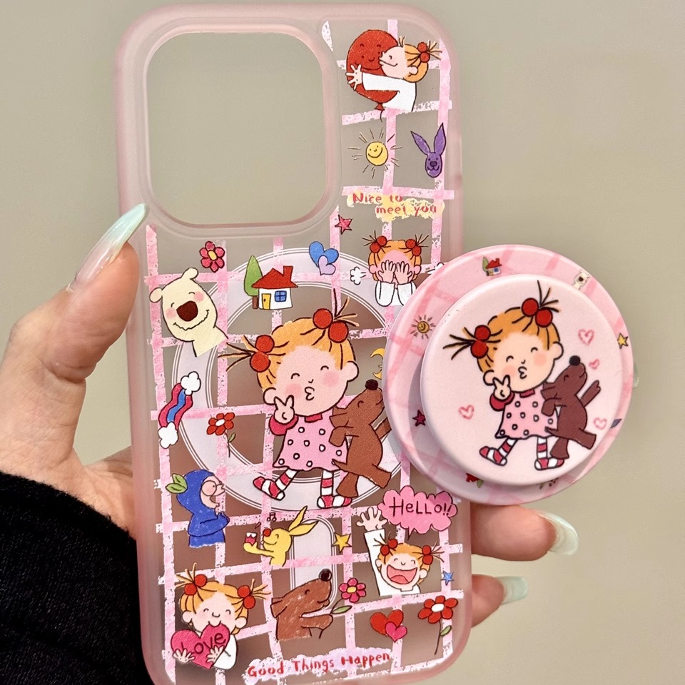 粉格纹比耶coco酱适用iphone16promax苹果15手机壳1新款13pro磁吸