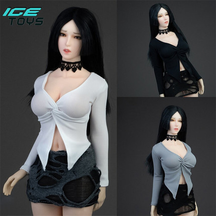 现货 1/6 女兵人 ic1019 不规则上衣扭结开领衬衣 开衫包臀破洞裙