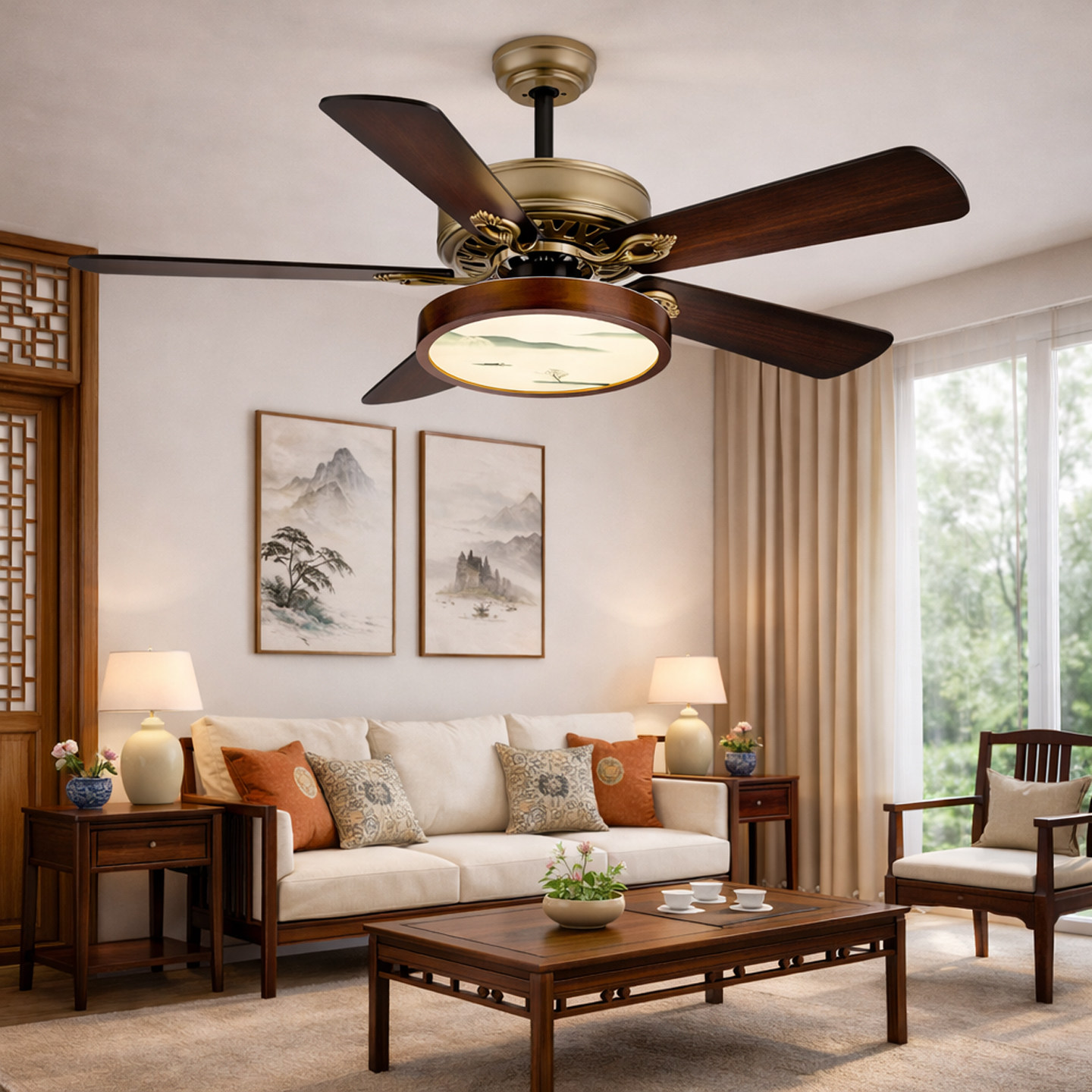 新中式复古餐厅吊扇灯一体变频胡桃木叶美式客厅卧室主卧书房照明