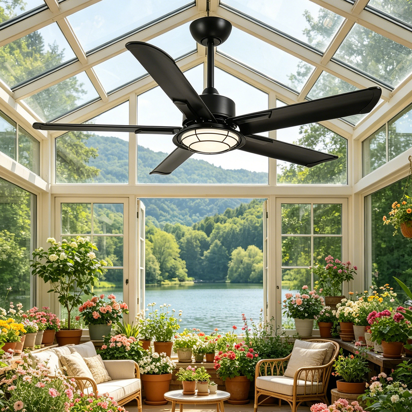 户外风扇灯 阳光房凉亭庭院黑色铝叶防水吊扇变频静音遥控吊扇灯