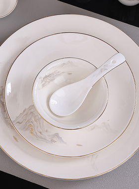 金边陶瓷摆台餐具酒店餐厅火锅店碗盘碟勺杯套装国风中式餐具商用
