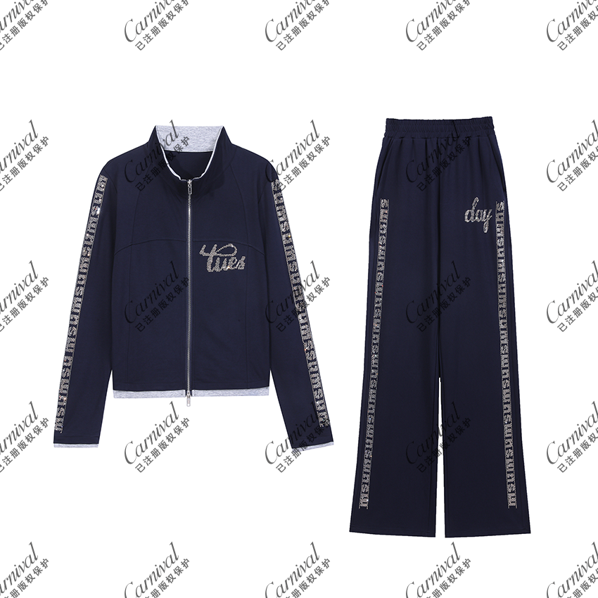 【Valkyvia/悠悠奢品】秋季字母烫钻重工拼接百搭休闲套装J5812#