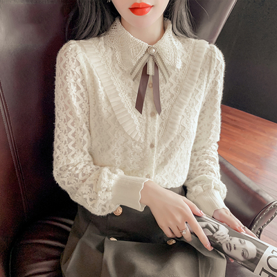 蕾丝衬衫打底衫内搭春季2025新款欧货洋气小衫加绒女装娃娃领上衣