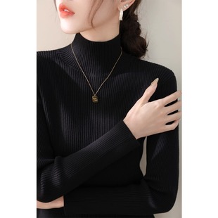 女春秋高级感软糯毛衣配羊毛大衣内搭打底衫 黑色半高领针织衫 上衣