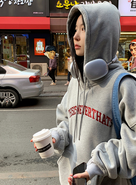 TXT 美式灰色运动套头连帽卫衣女宽松2024秋新款重磅休闲复古外套