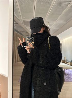 CHIPMUNK 立领毛呢大衣女秋冬加厚高级感黑色宽松慵懒风呢子外套