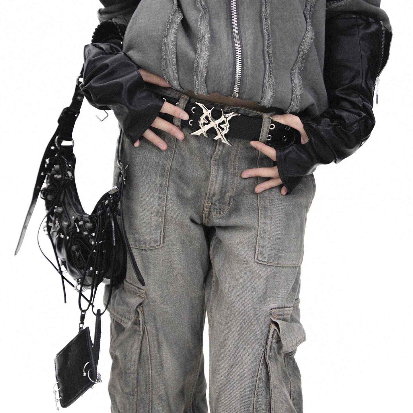 WCH新款街头潮流朋克亚文化双孔铆钉流星五金扣头皮带腰带男女ins