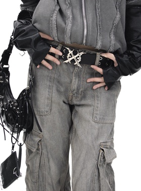 WCH新款街头潮流朋克亚文化双孔铆钉流星五金扣头皮带腰带男女ins