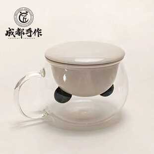 成都手作彭州白瓷洗脑壳飘逸杯泡饮一体茶杯高档送礼熊猫耳泡茶碗