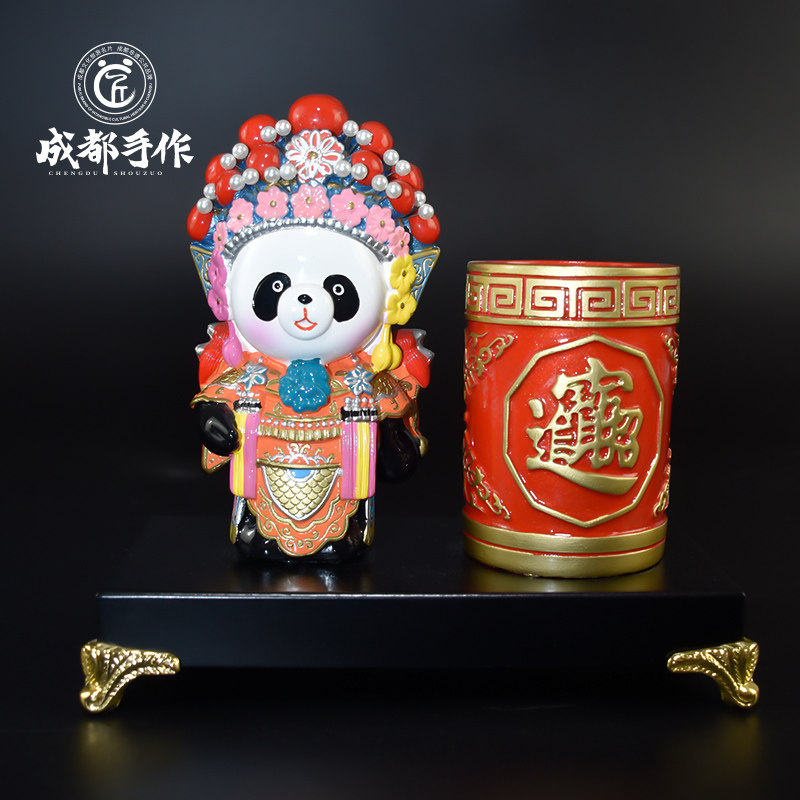 成都手作中国风京剧笔筒 书房办公室装饰熊猫摆件 非遗泥塑工艺品