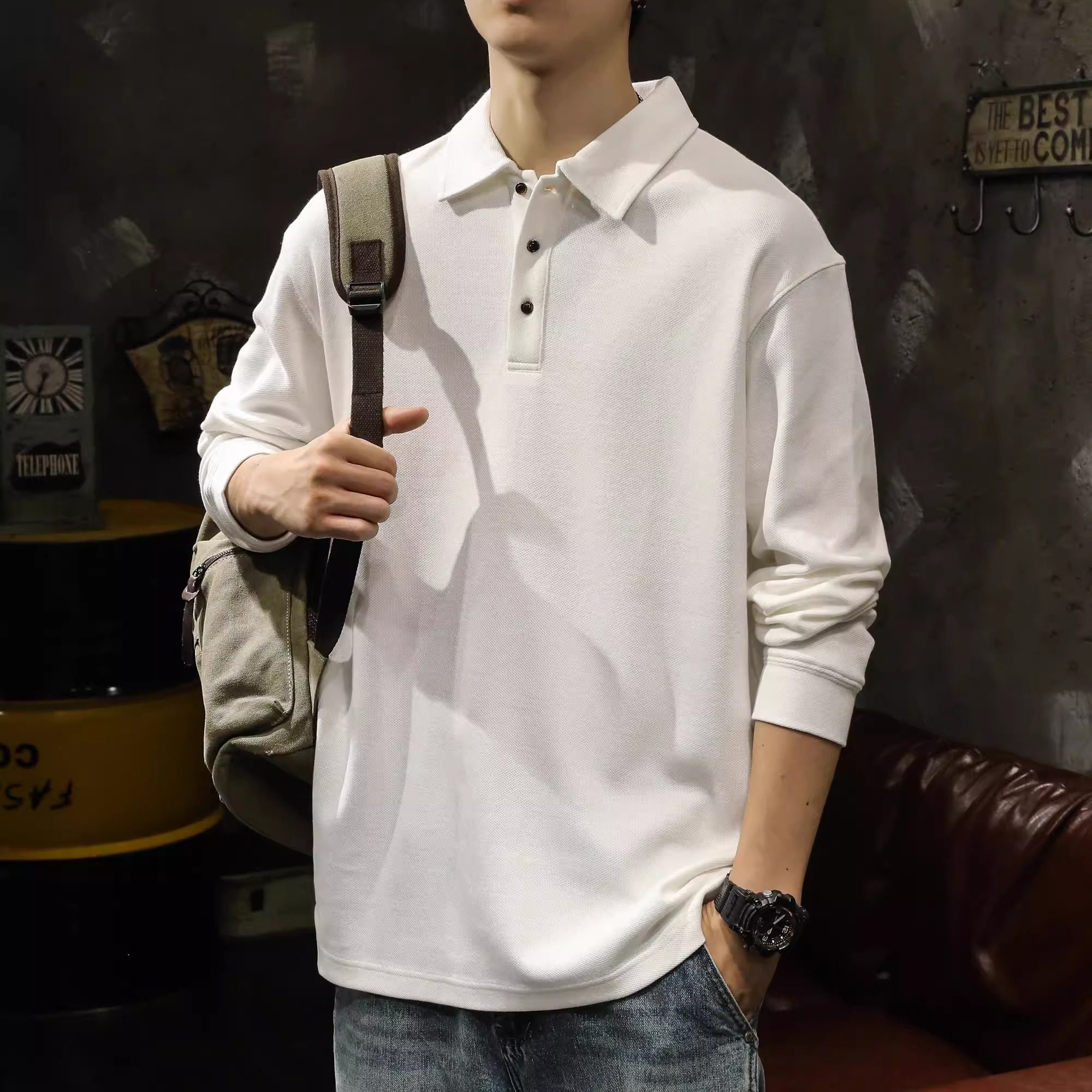 美式重磅纯棉白色POLO衫长袖T恤男春秋季内搭打底翻领春款休闲 上
