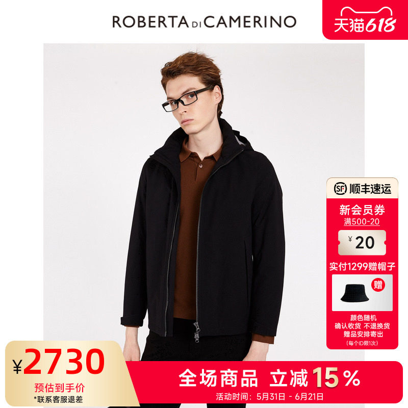 [兔毛皮内胆]ROBERTA诺贝达男装男士皮衣冬季连帽纯色外套男