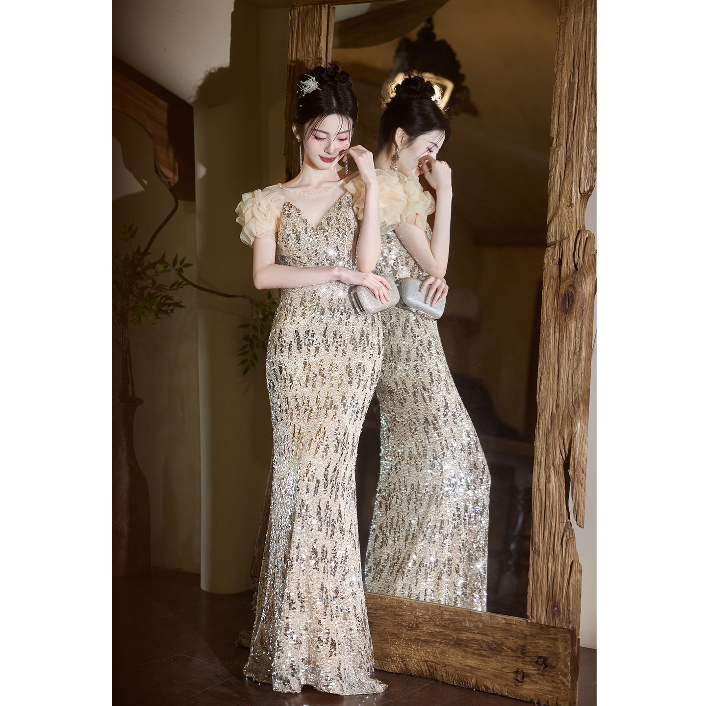 亮片晚礼服裙女宴会高端小众轻奢法式鱼尾裙气质年会主持人高级感,女装/女士精品,礼服/晚装,淘宝优惠券,粉丝福利购,淘宝优惠卷