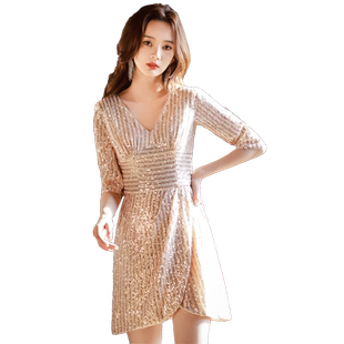 法式洋装小晚礼服女高级感气质名媛高端轻奢小众金色亮片短款宴会