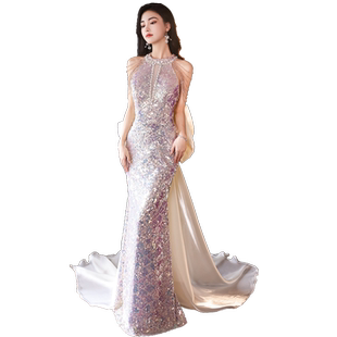 宴会晚礼服女2026新款气质高端主持人法式高定年会拖尾鱼尾连衣裙