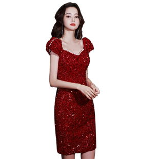 敬酒服新娘性感红色短款包臀订婚结婚亮片礼服女气质高端晚礼服