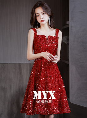 法式红色小礼服高级质感轻奢小众高端气质名媛亮片生日宴会晚礼服