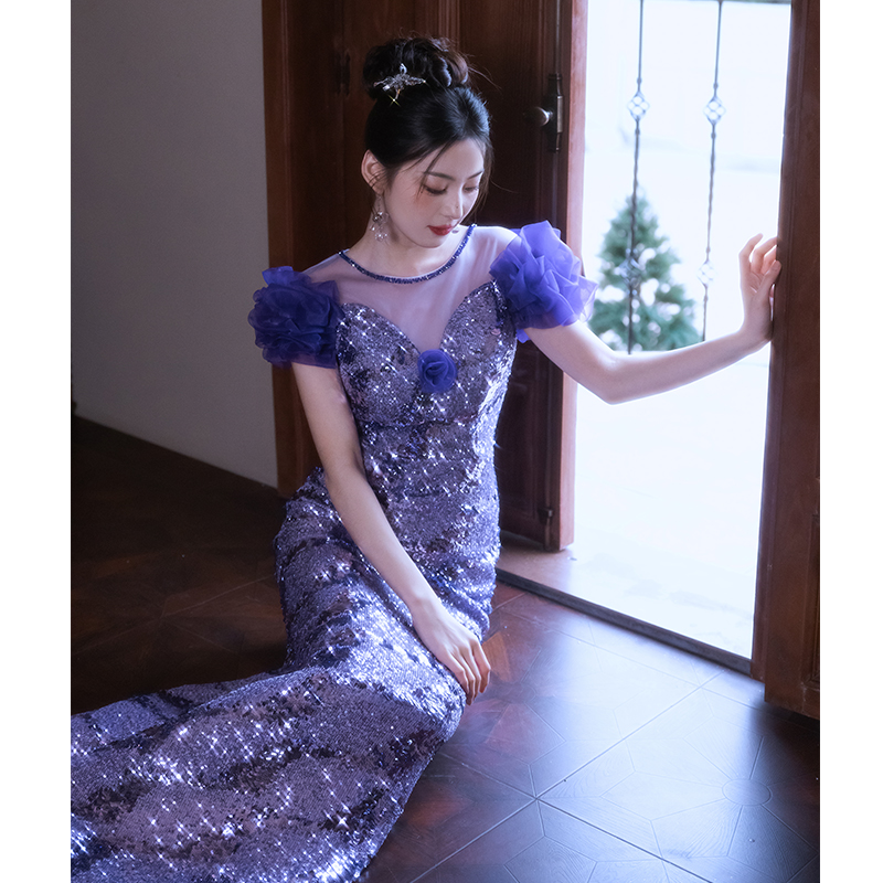 紫色宴会高端晚礼服裙女气质主持人鱼尾裙高级感年会亮片小众轻奢