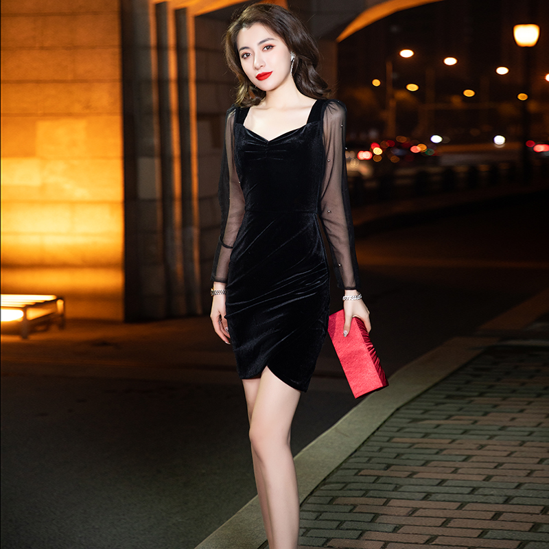 高贵短款法式赫本风包臀小晚礼服